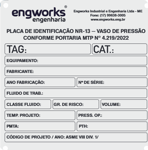 Placa NR-13 de vaso de pressão em aço inox